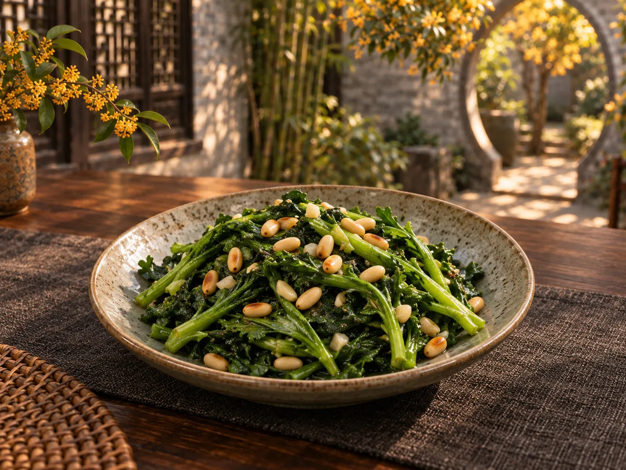 清炒茼蒿配松仁成品